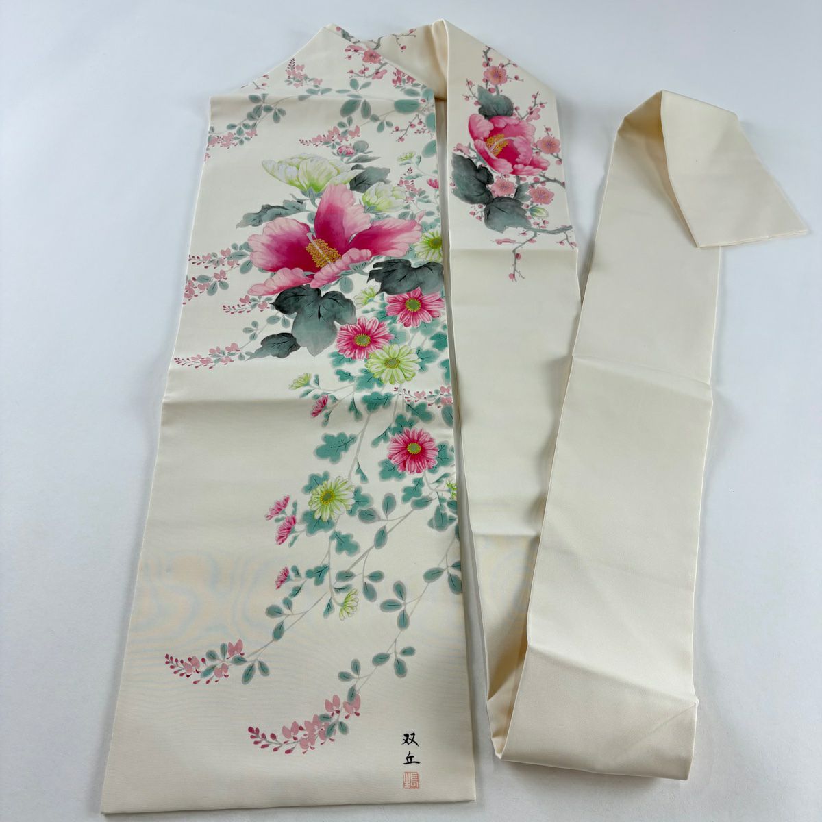 名古屋帶 名品級 附有落款 草花紋刺繡 金線 奶油色 純蠶絲