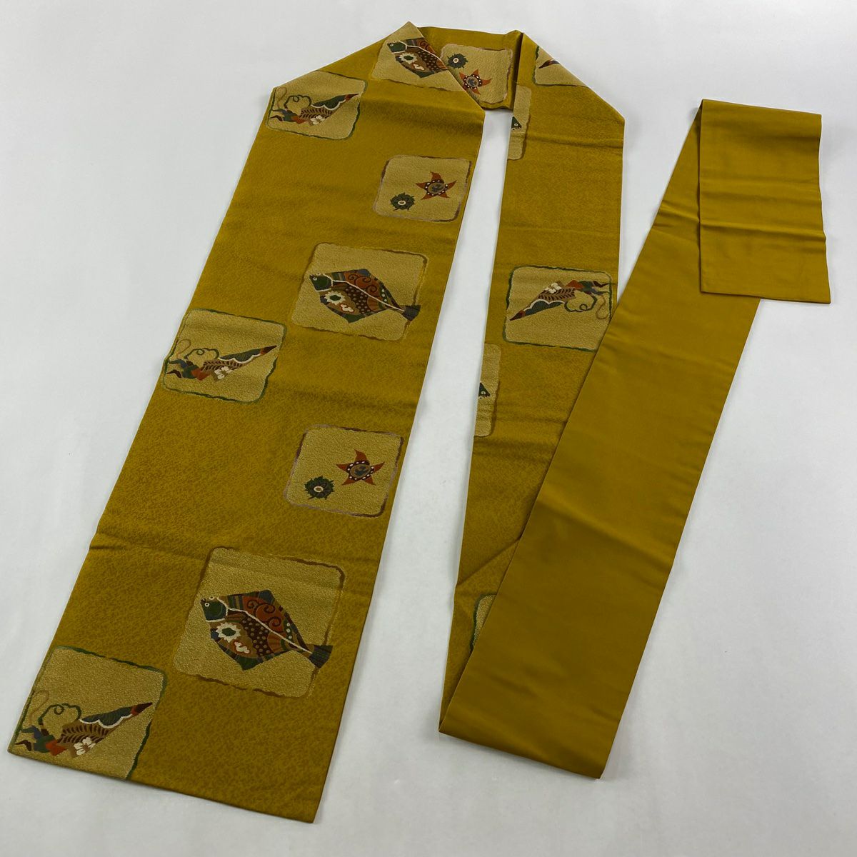 【美品】 名古屋帶 秀品級 魚 生物 黃土 純蠶絲