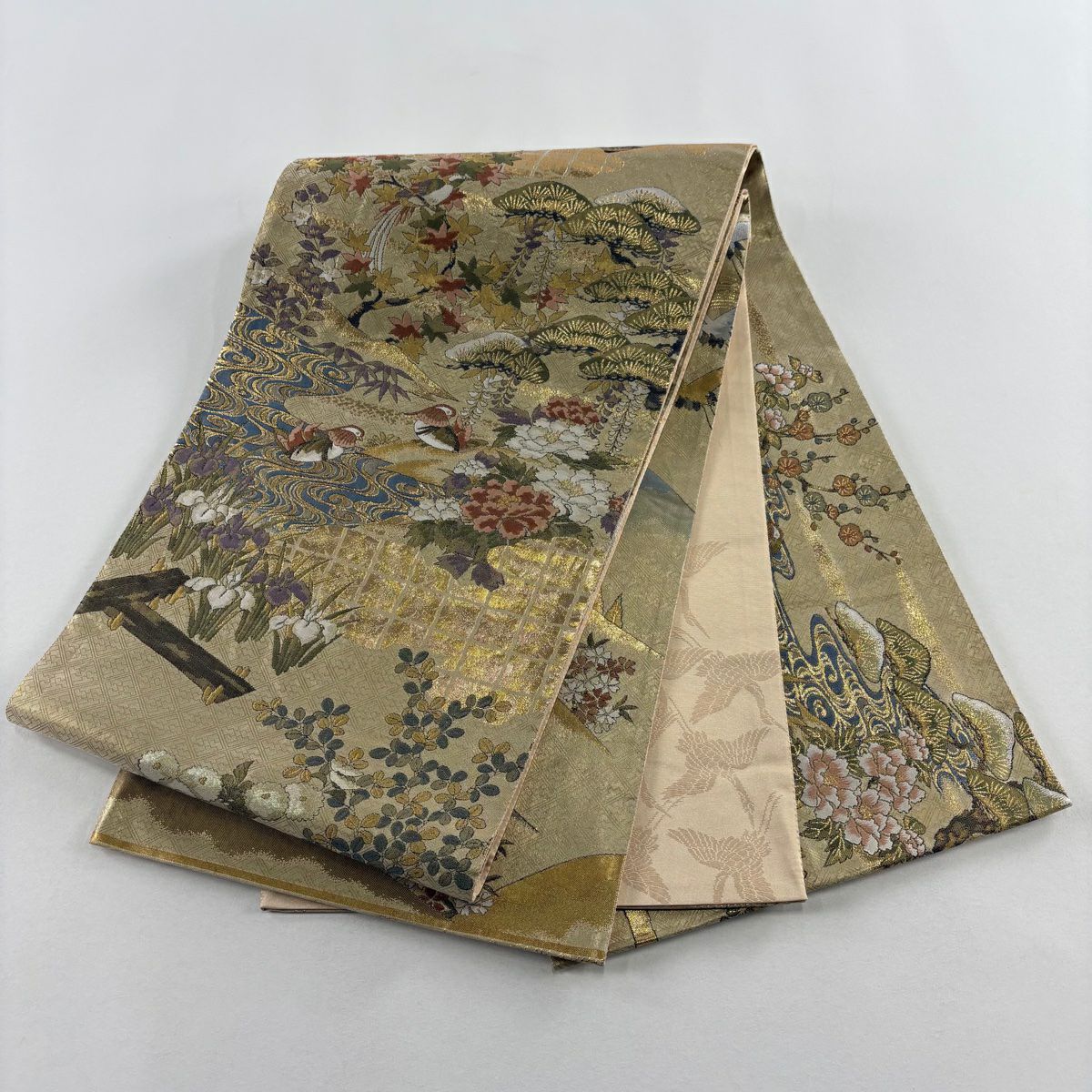 【美品】 袋帶 秀品級 鴛鴦 草花紋紋 金金箔 金絲 米色 大鼓圖案 純蠶絲