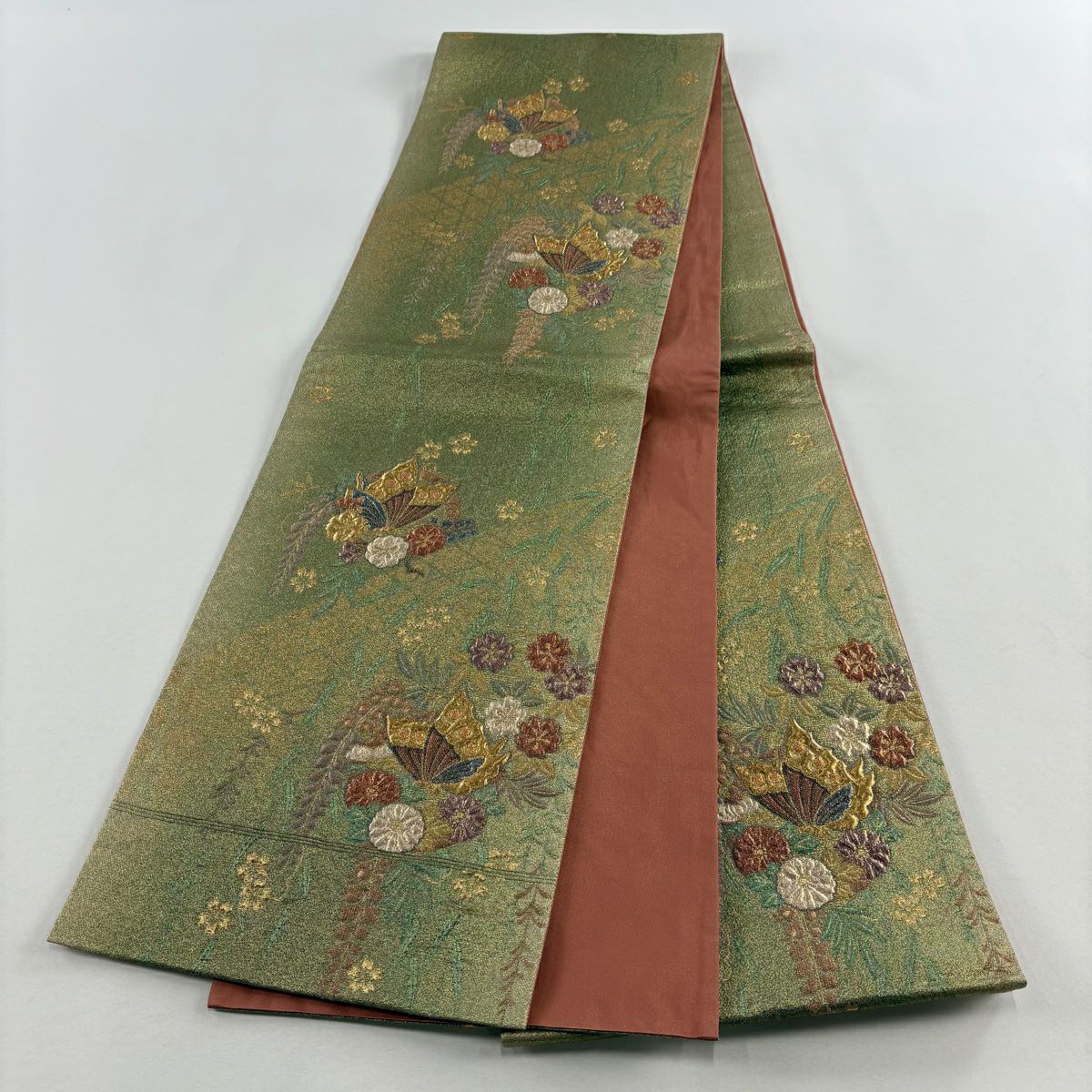 【美品】 袋帶 秀品級 蝶 草花紋 金金箔 金絲 黃綠 深色 六通 純蠶絲