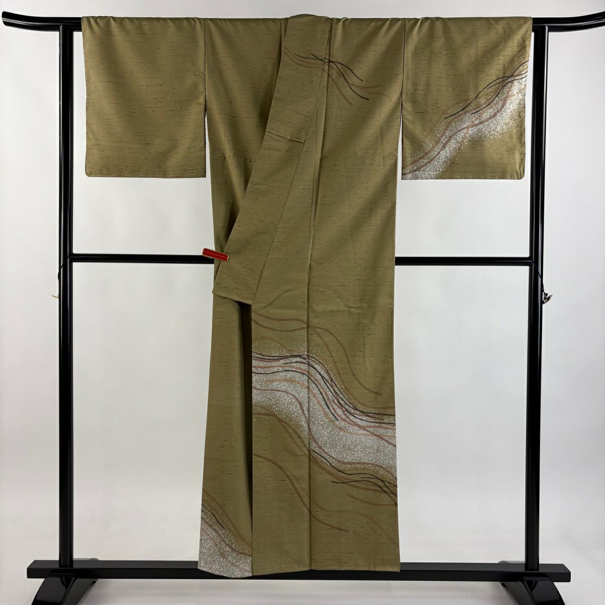 【美品】訪問服 身長153cm 袖長64.5cm M 雙層 牛首紬織織 地 落款あり 證書あり 幾何學 茶綠 純蠶絲 逸品級