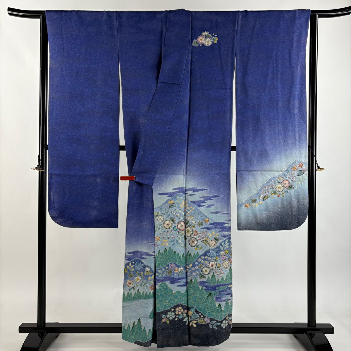 【美品】振袖禮服 身長159cm 袖長66.5cm M 雙層 徳永憲峯 落款あり 辻花染 樹木 銀通し ぼかし 青紫 純蠶絲 逸品級