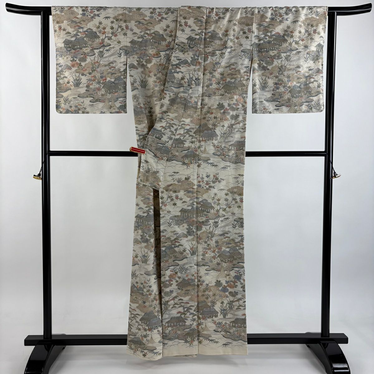 訪問服 身長158.5cm 袖長65cm M 雙層 風景 松樹竹子梅花 金糸 刺繡 米色 純蠶絲 逸品級
