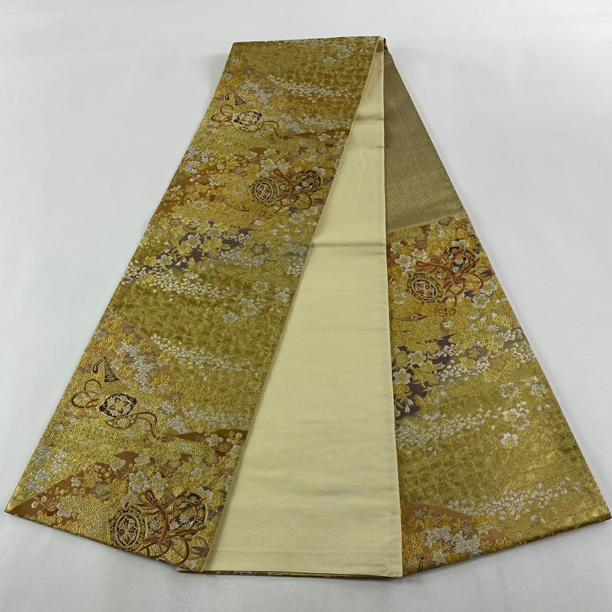 【美品】 袋帶 秀品級 大和 鼓 梅花 金金箔 金絲 金 六通 純蠶絲