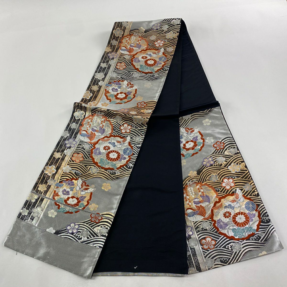 【美品】 袋帶 秀品級 證書齊全 波 雪輪 金金箔 刺繡 銀 六通 純蠶絲
