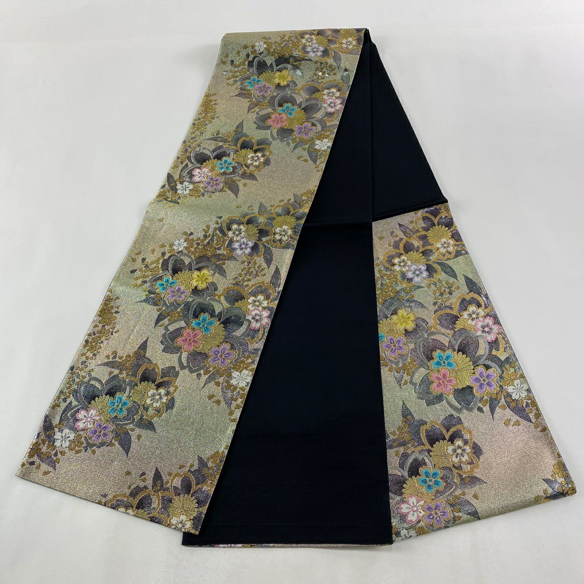 【美品】 袋帶 優品級 振袖禮服禮服用 櫻花 金金箔 金絲 奶油色 六通 純蠶絲