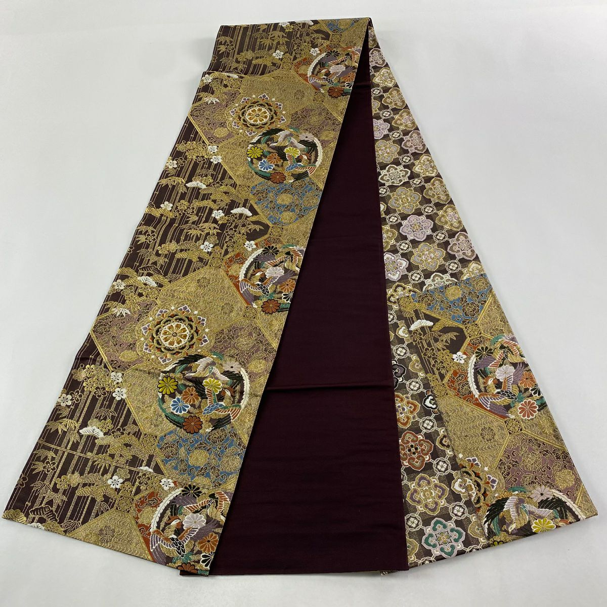【美品】 袋帶 秀品級 吉祥 蜀江取松樹竹子梅花紋 鳳凰 華紋 金絲 金金箔 茶紫 全通 純蠶絲
