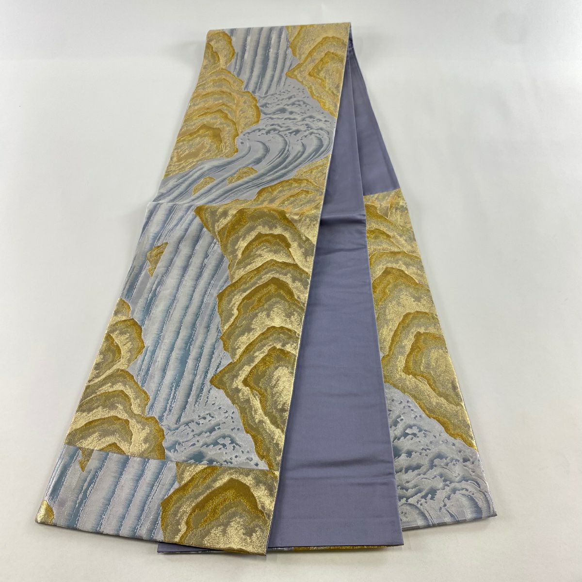 【美品】 袋帶 秀品級 渓流 山河 金銀絲 薄紫 六通 純蠶絲