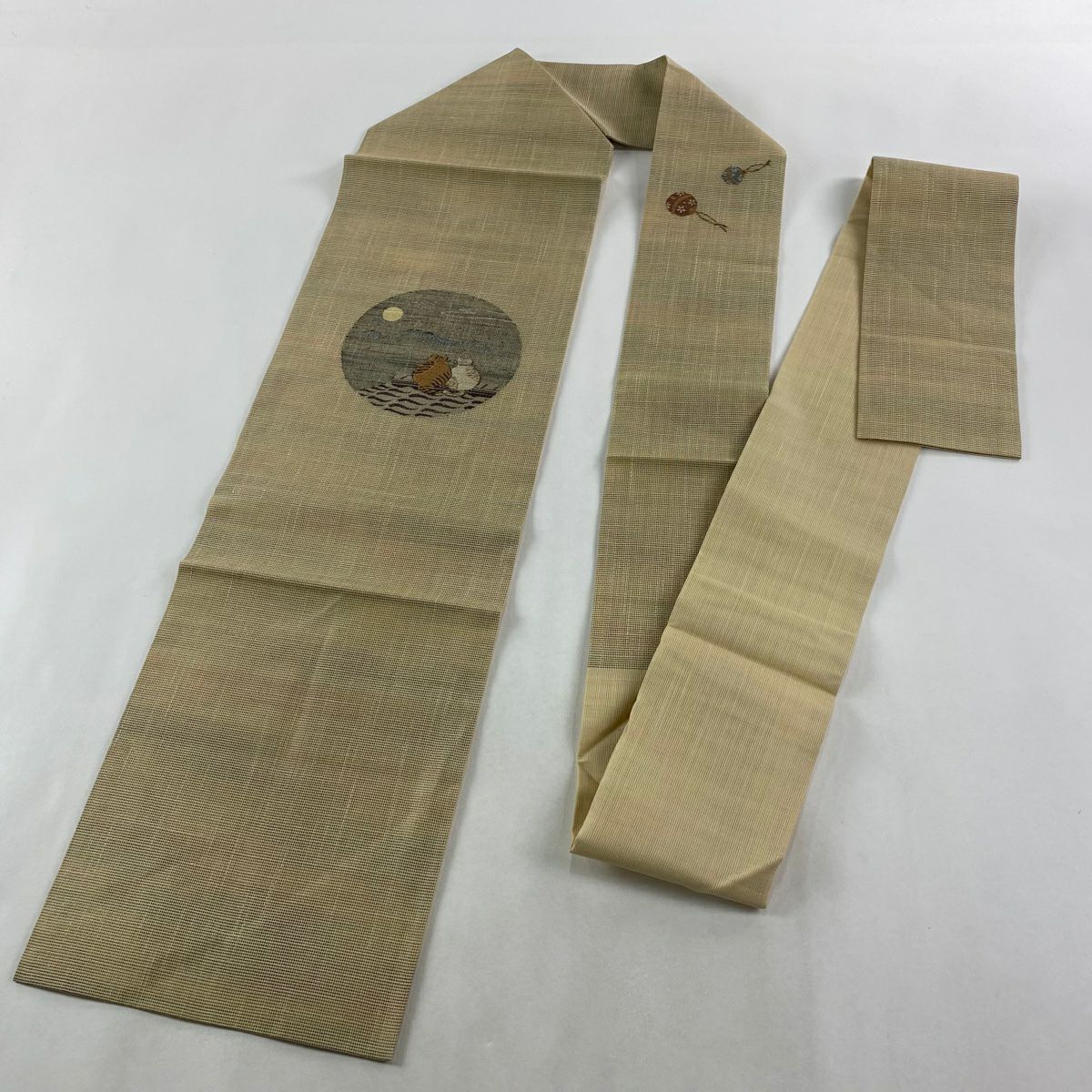 【美品】名古屋帶 逸品級 貓 月 金絲 米色 純蠶絲