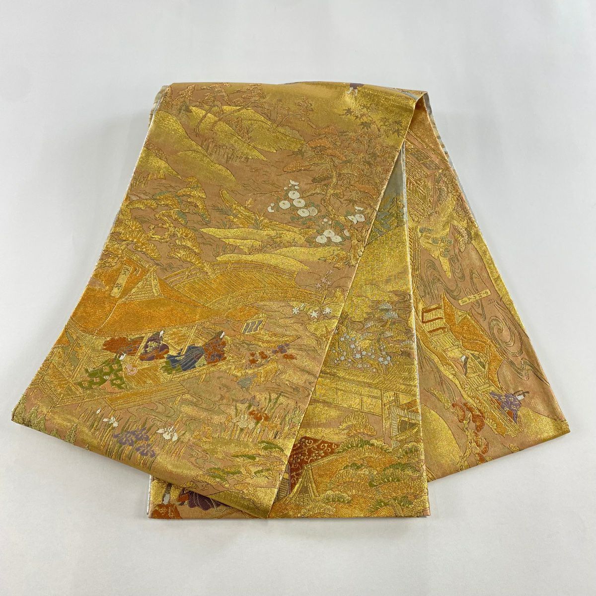 【美品】 袋帶 名品級 人物 草花紋 金金箔 金銀彩 金 純蠶絲