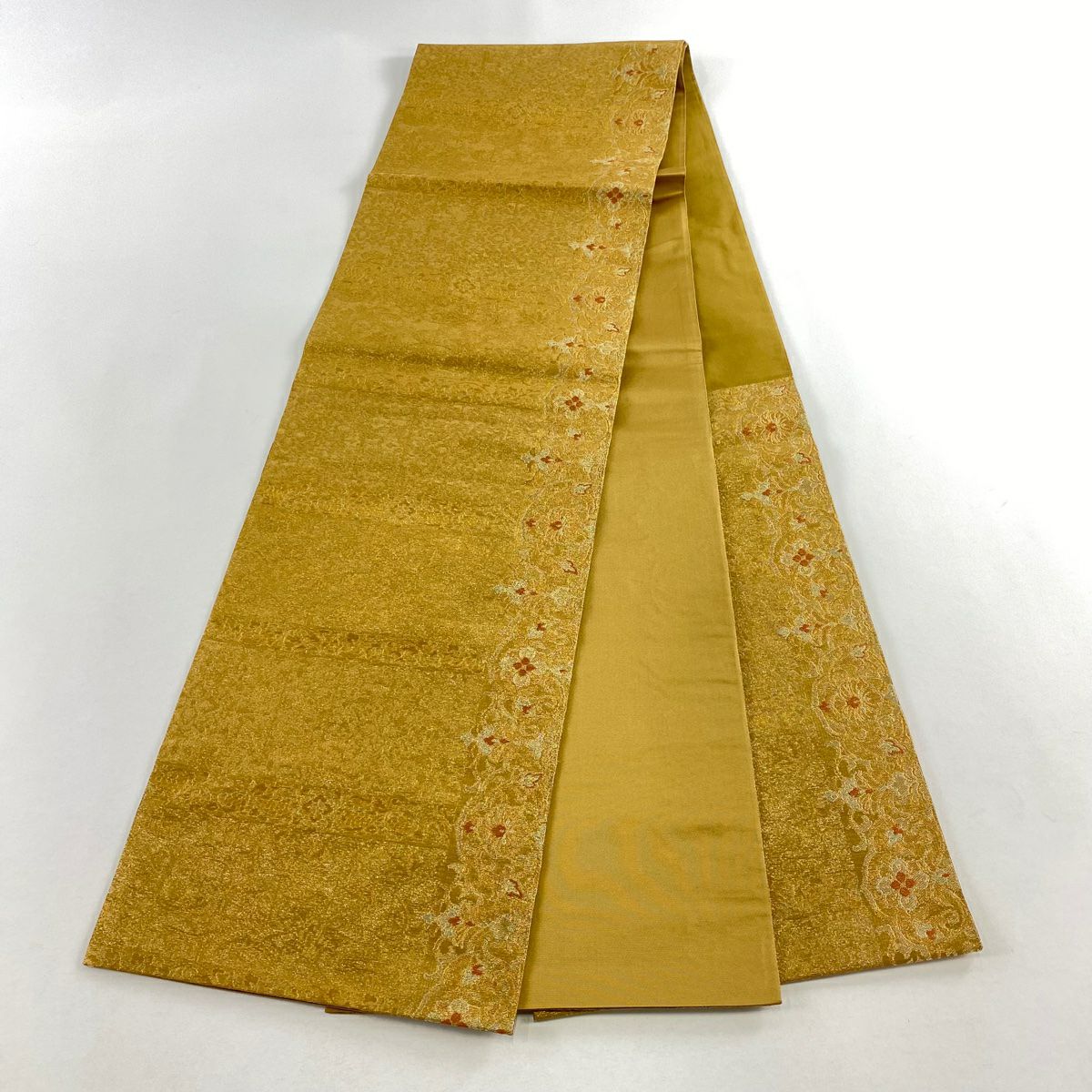 【美品】 袋帶 名品級 じゅらく 落款あり 花唐草紋 金糸 金金箔 黃土色 六通 純蠶絲