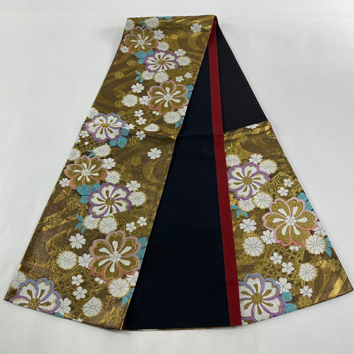 袋帶 秀品級 草花紋紋 流水刺繡 金絲 金色 六通 純蠶絲