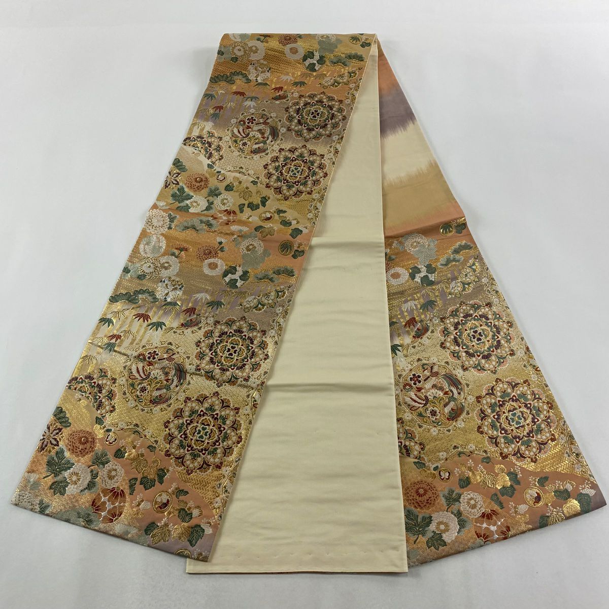 【美品】 袋帶 秀品級 華紋 花鳥 刺繡 金線 淺粉色 六通 純蠶絲