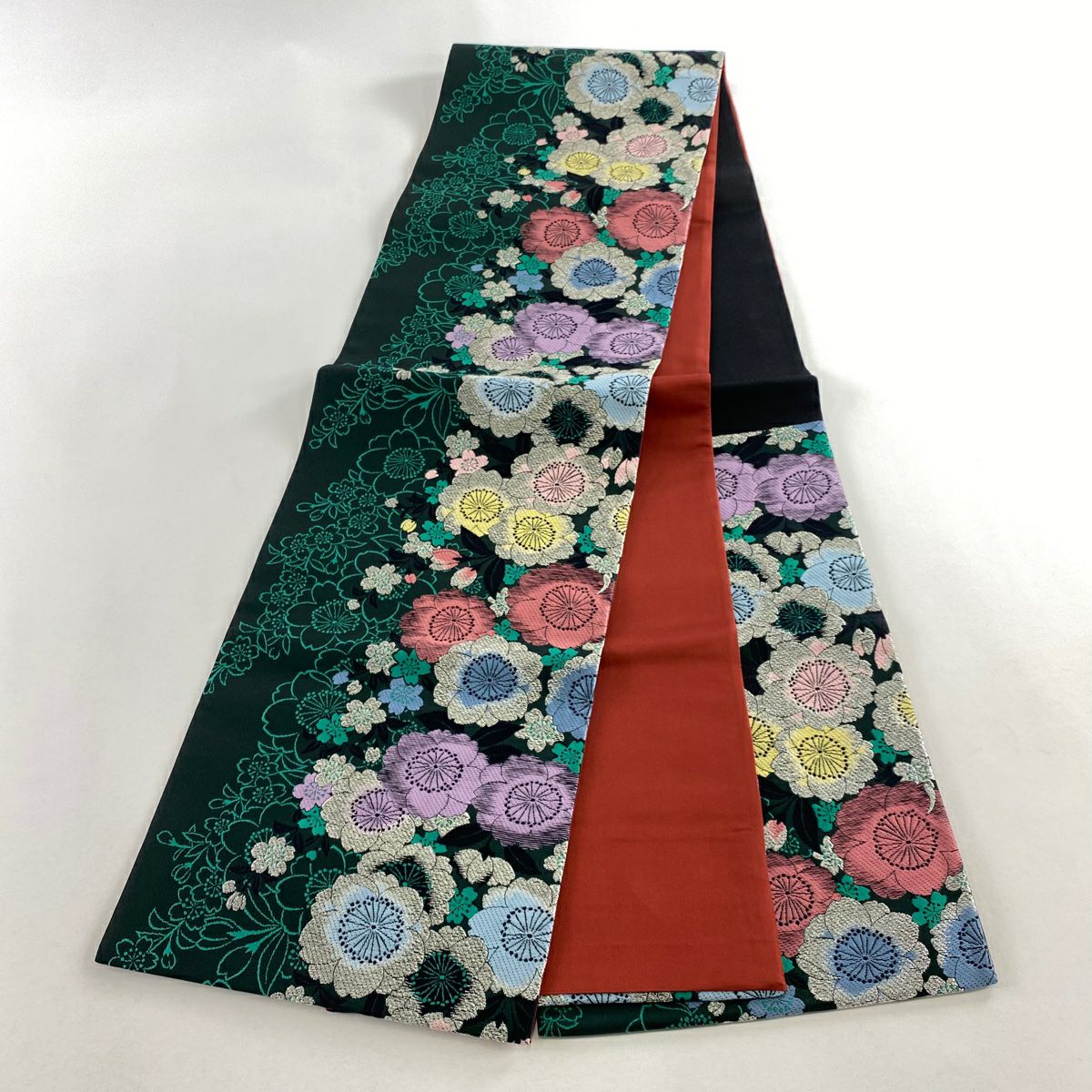 【美品】 袋帶 秀品級 樱花 銀線 綠 六通 純蠶絲