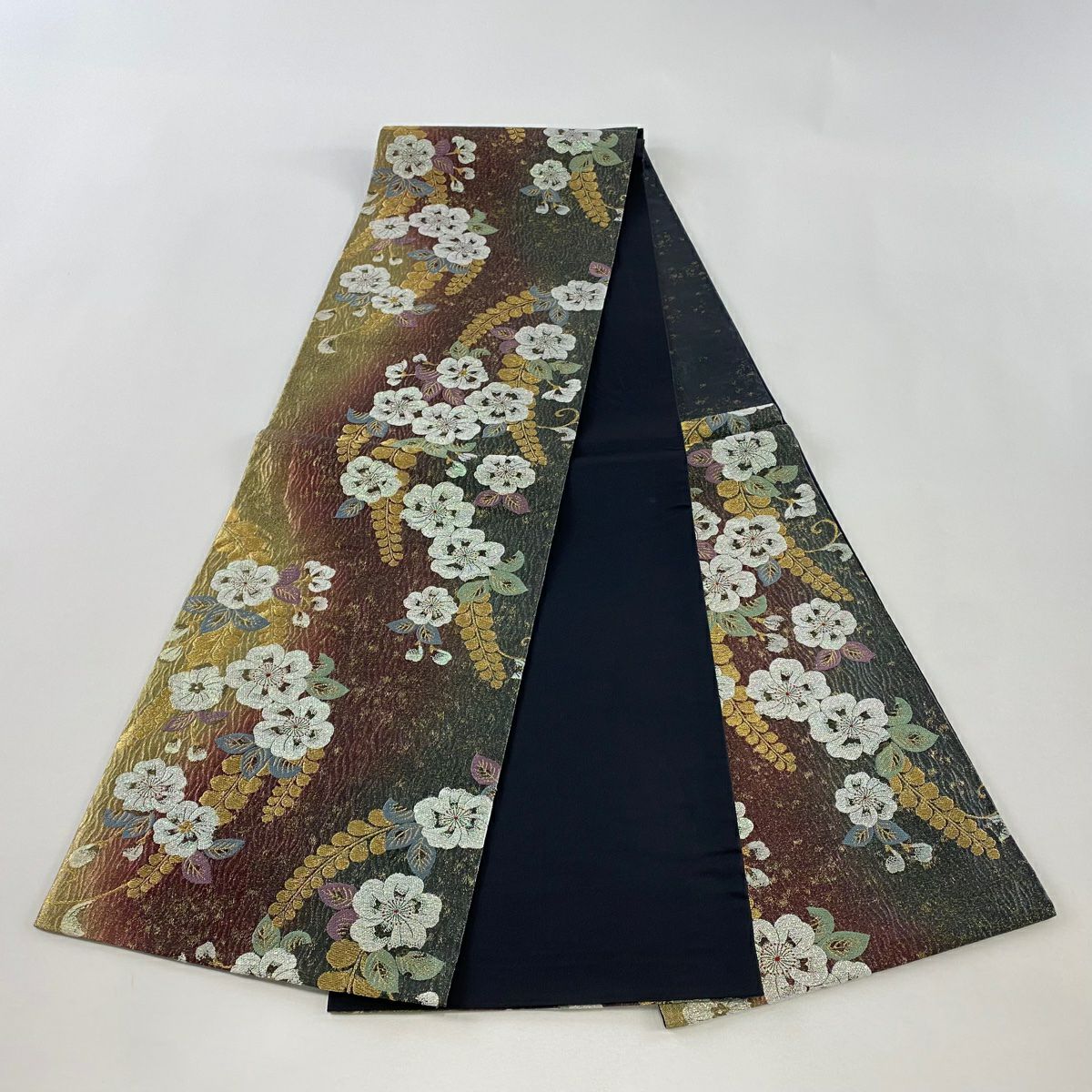 【美品】 袋帶 秀品級 草花紋紋 金金箔 金絲 紅紫 六通 純蠶絲