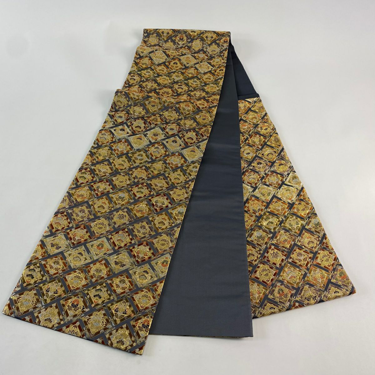 【美品】 袋帶 名品級 祥園 落款あり 桐竹子鳳凰 松樹竹子梅花 金糸 灰色 六通 純蠶絲