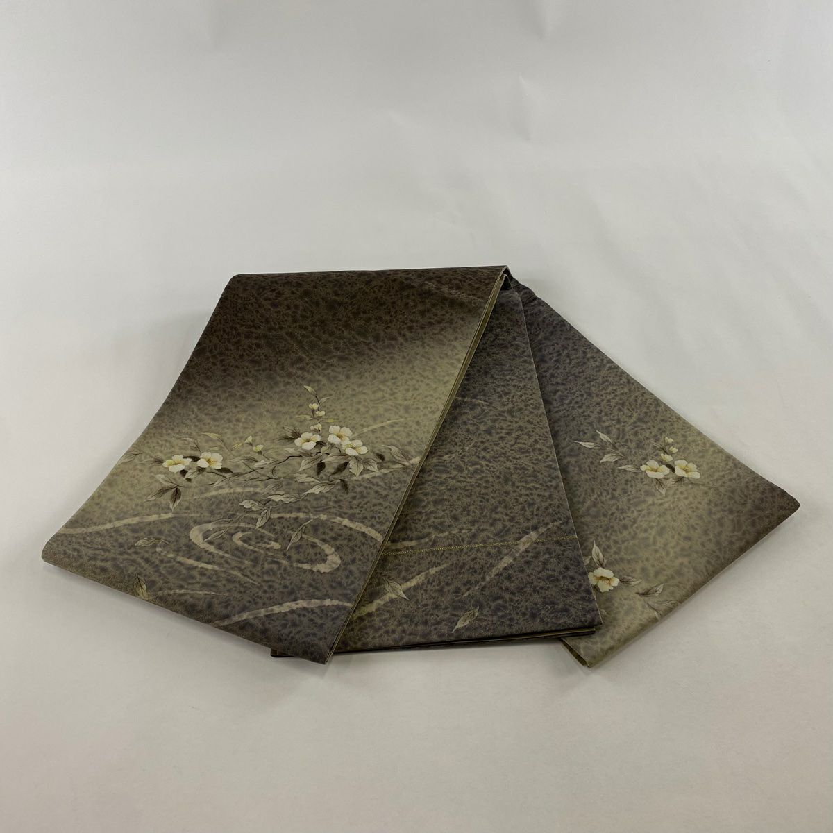 【美品】 袋帶 秀品級 有落款 枝花 流水 金絲 灰茶 大鼓圖案 純蠶絲