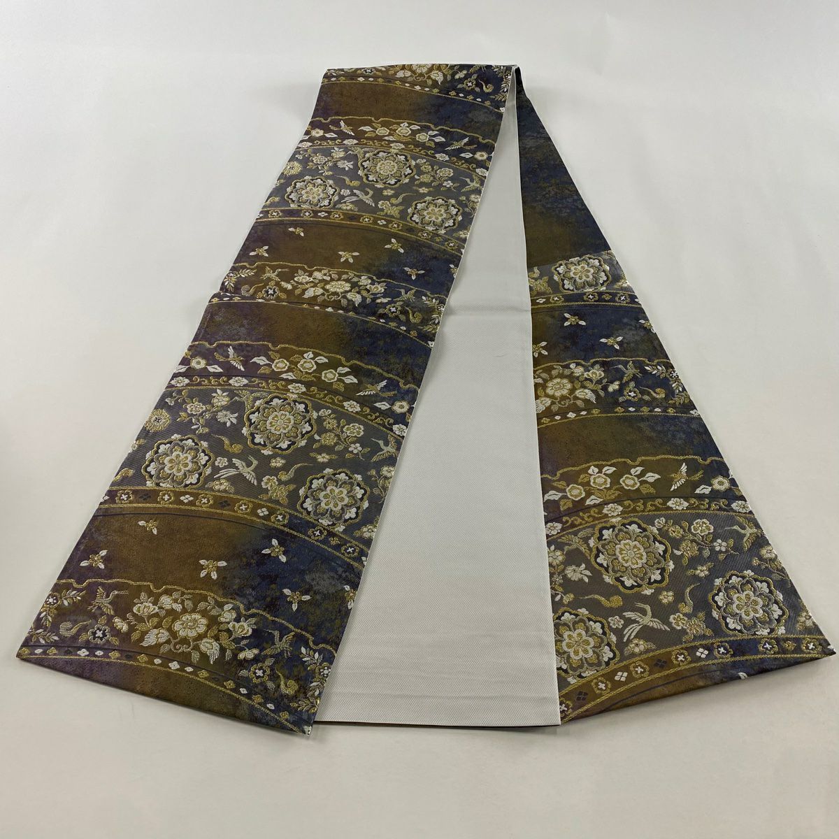 【美品】 袋帶 秀品級 華紋 花鳥 金絲 刺繡 青紫 六通 純蠶絲