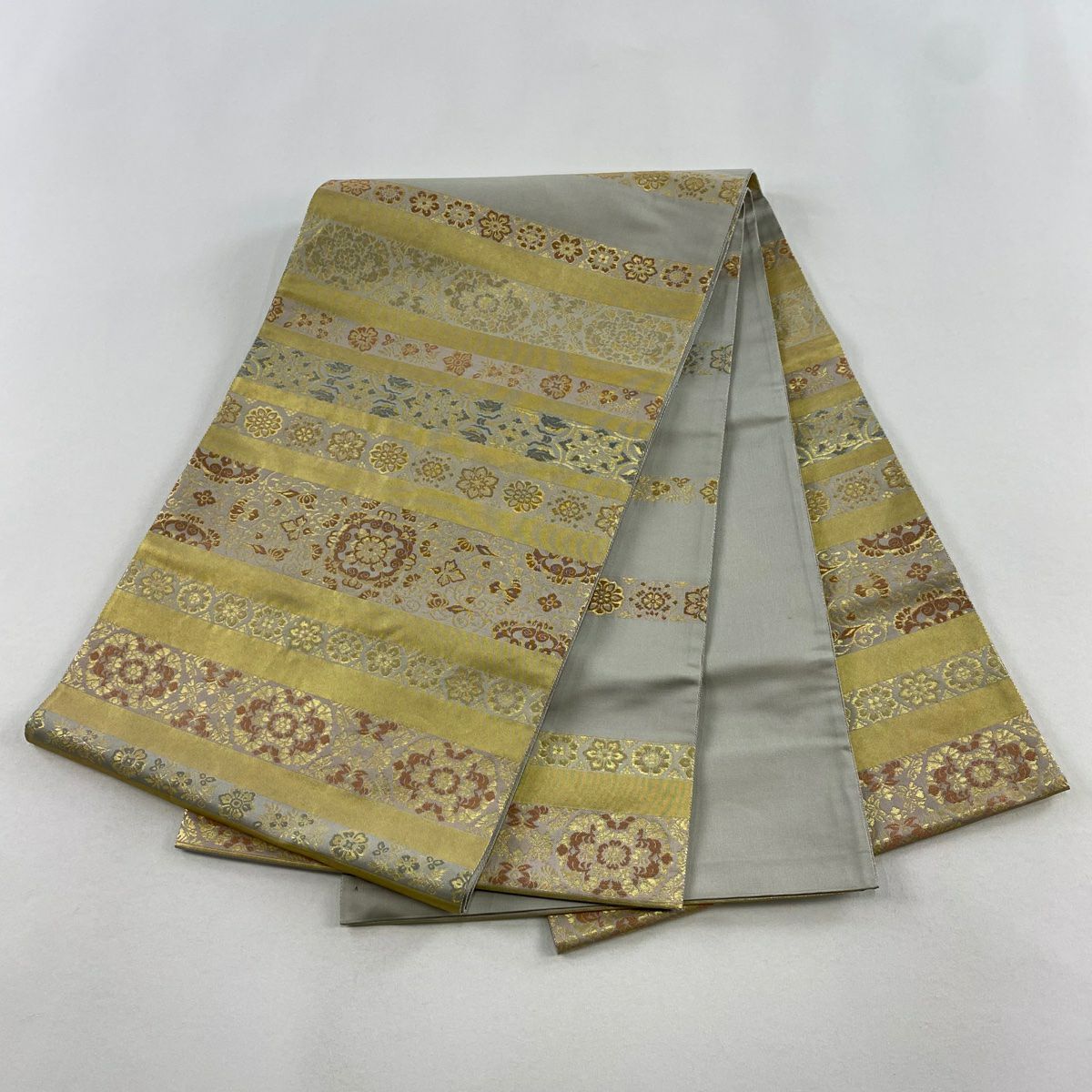 【美品】 袋帶 秀品級 明日香間道 本金金箔 金絲 金色 大鼓圖案 純蠶絲