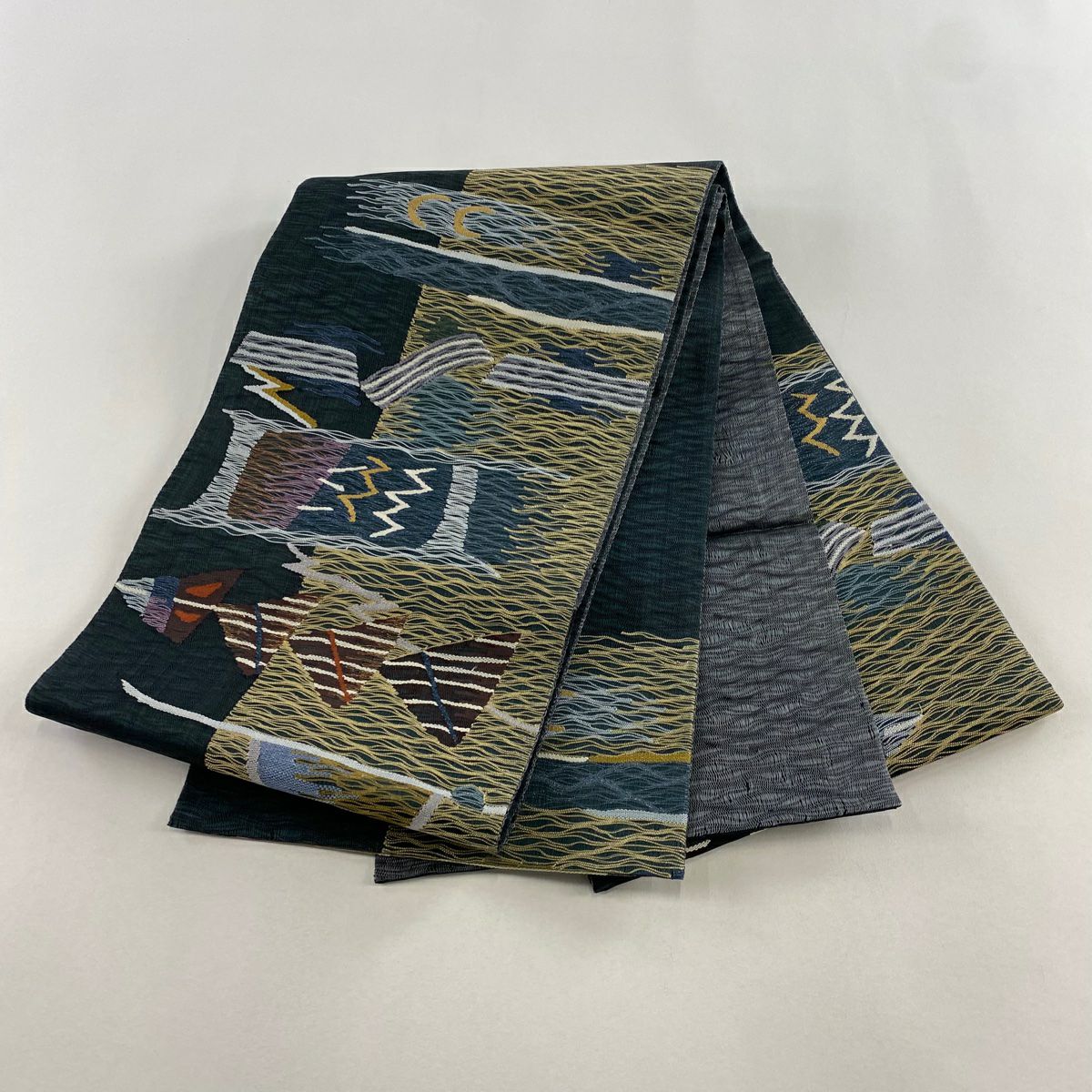 【美品】 袋帶 名品級 幾何圖案 金銀線 深綠色 お太鼓圖案 純蠶絲