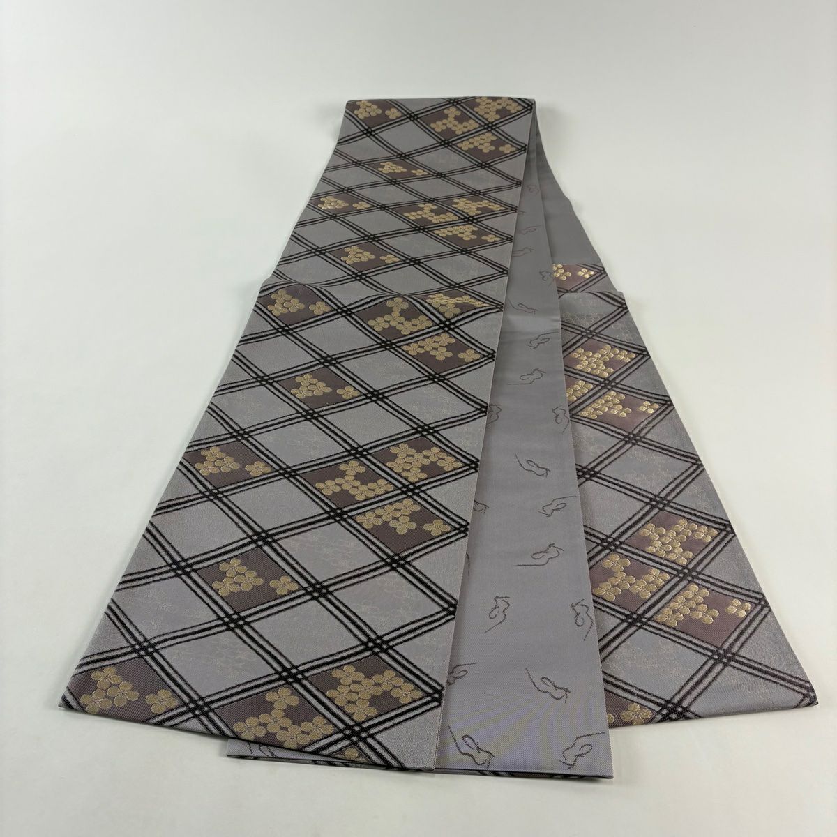 【美品】 袋帶 名品級 菱花 金絲 淺紫 六通 純蠶絲