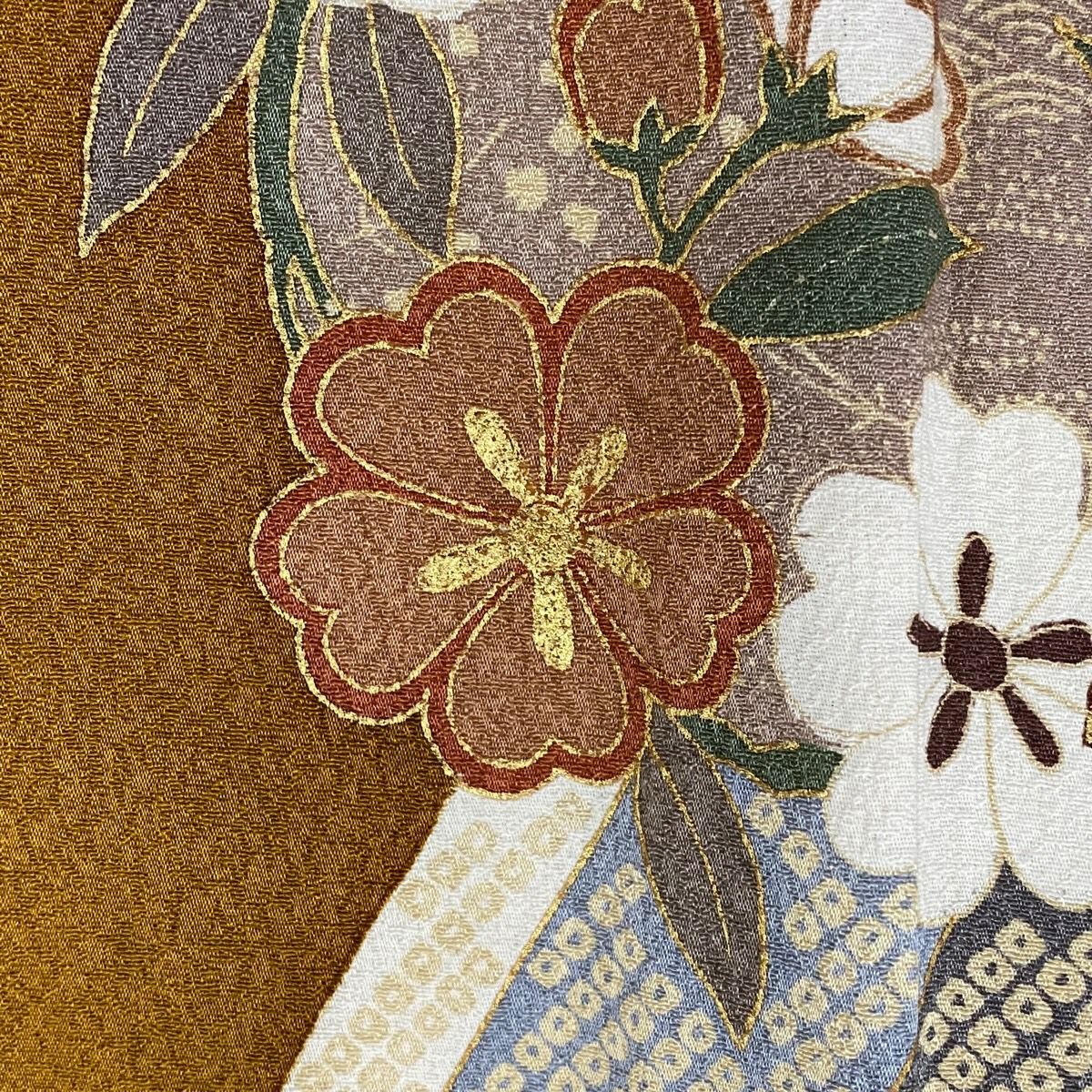 振袖禮服 身長158.5cm 袖長68cm L 雙層 扇子面 草花紋紋 金絲 金銀彩 茶 純蠶絲 名品級