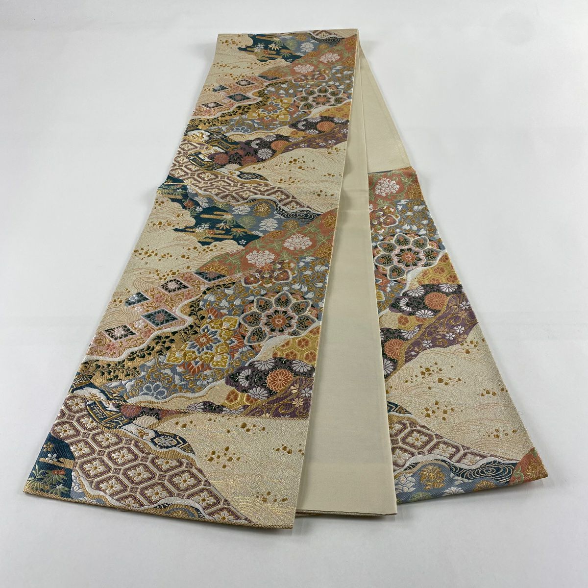 【美品】 袋帶 秀品級 華紋 波 金絲 米色 六通 純蠶絲