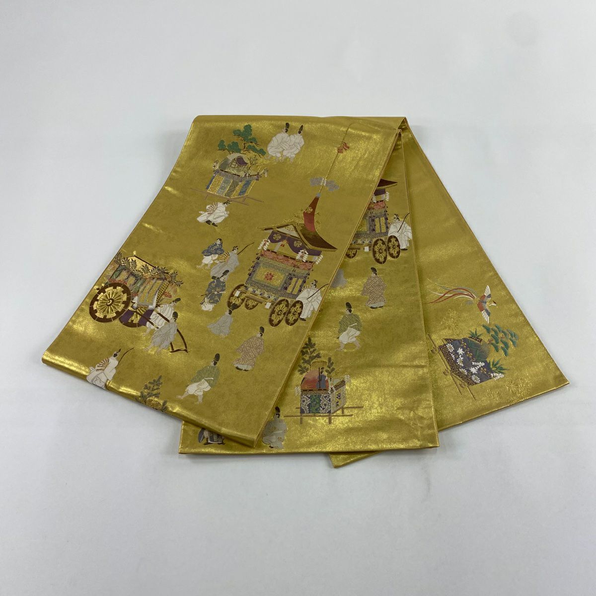 【美品】 袋帶 秀品級 山鉾 人物 金金箔 金絲 金色 大鼓圖案 純蠶絲