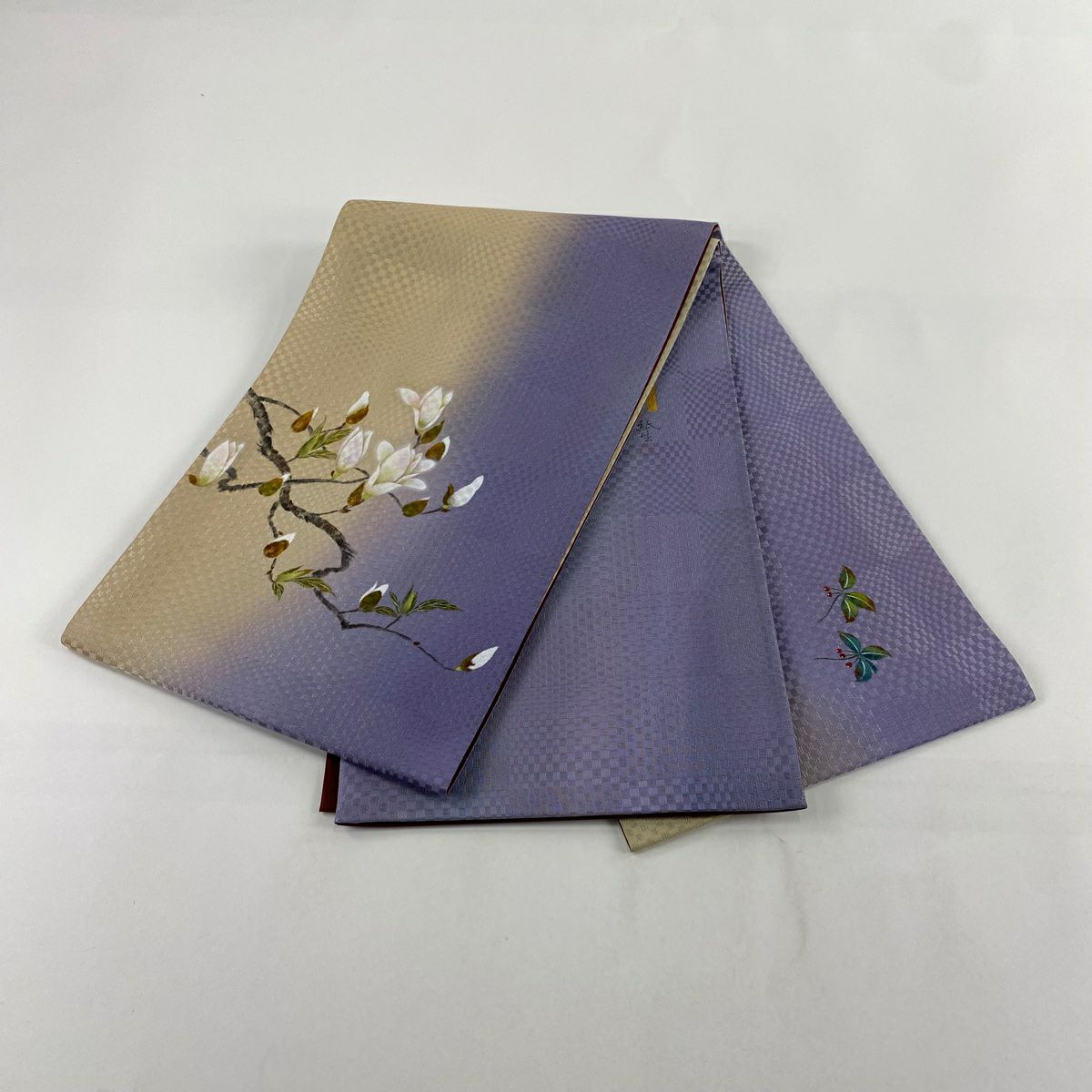 【美品】 袋帶 秀品級 有落款 枝花 銀線 漸層 灰紫 大鼓圖案 純蠶絲