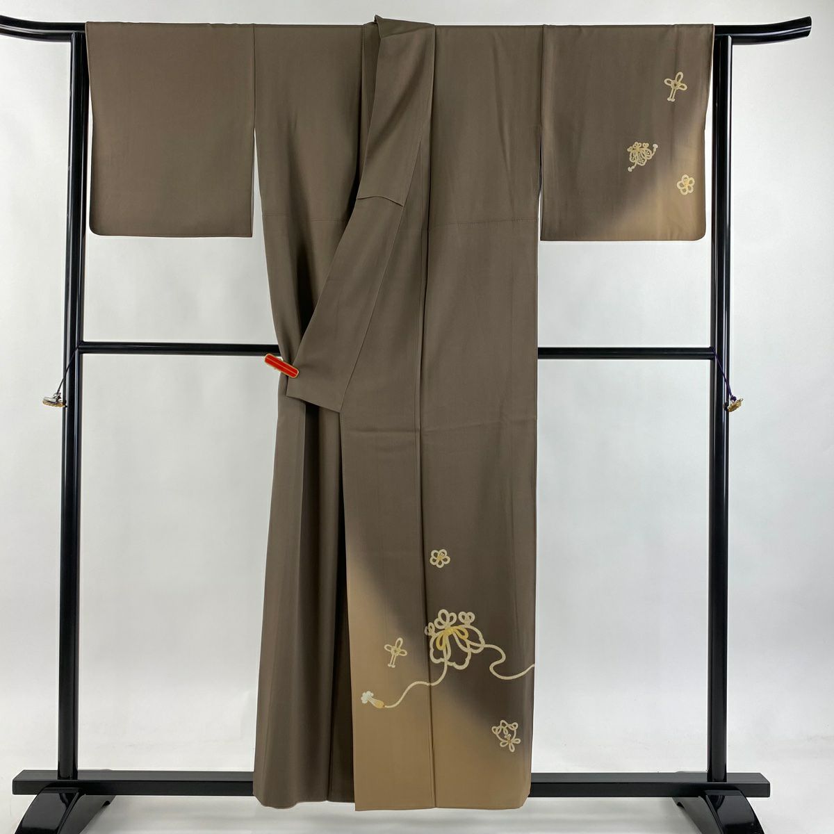 【美品】 付下 身長155cm 袖長65cm M 雙層 渡邊雪三郎 落款あり 組紐 金銀彩 漸層 灰茶 純蠶絲 逸品級