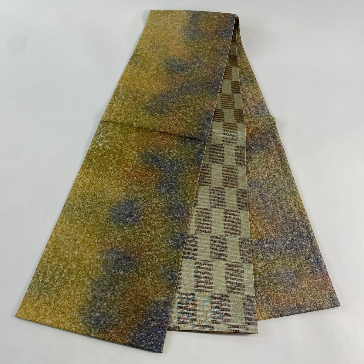 【美品】 袋帶 名品級 花紋 金絲 漸變 黃土色 全通 純蠶絲