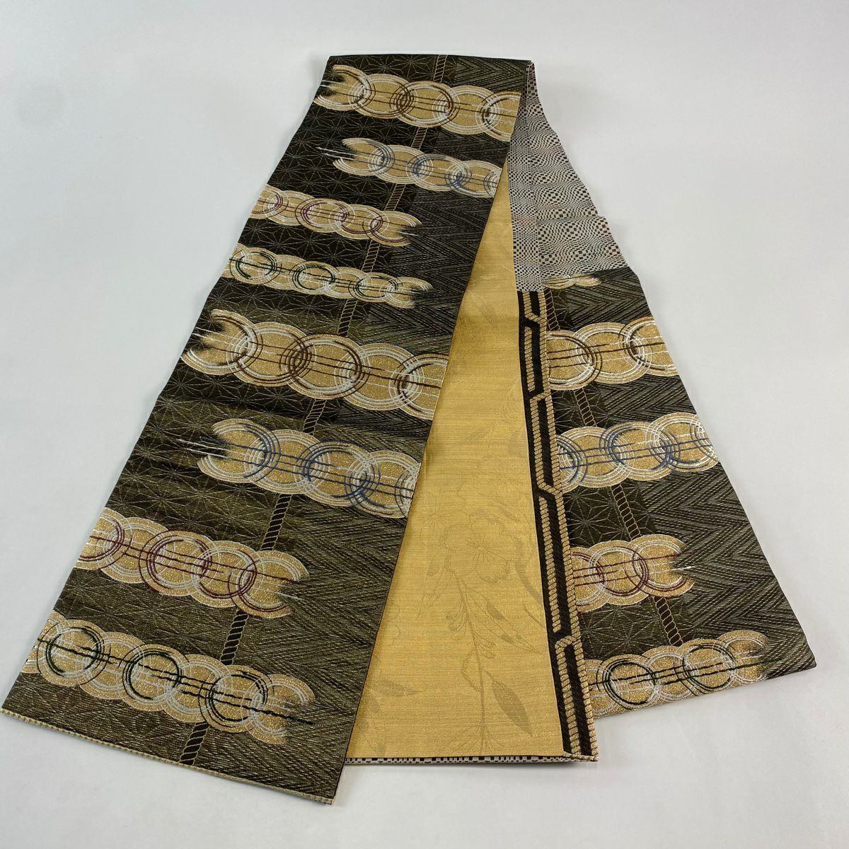 【美品】 袋帶 名品級 圓文 幾何圖案 金絲 金金箔 灰茶 六通 純蠶絲