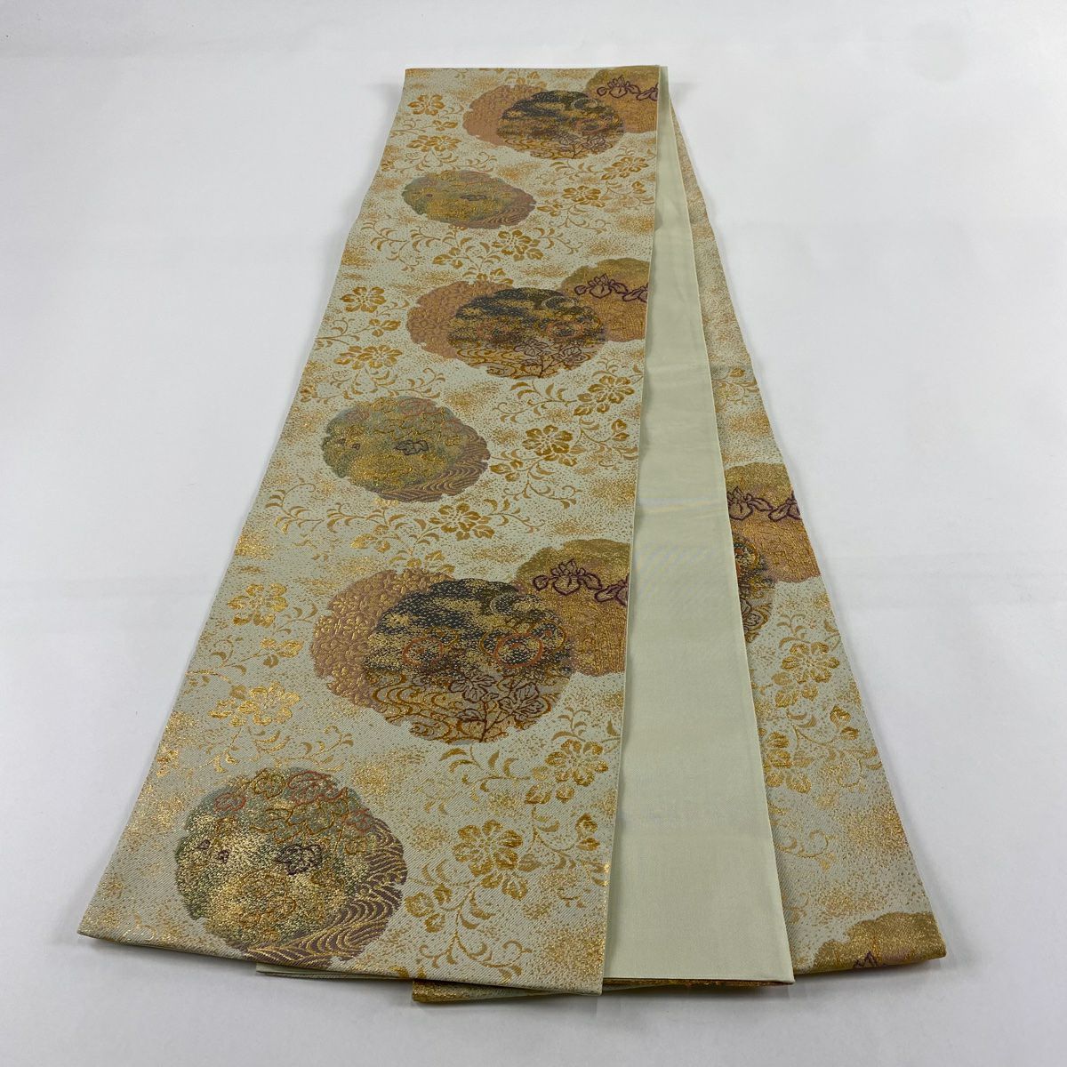 【美品】 袋帶 秀品級 雪輪 草花紋 金糸 金金箔 黃綠 深色 六通 純蠶絲