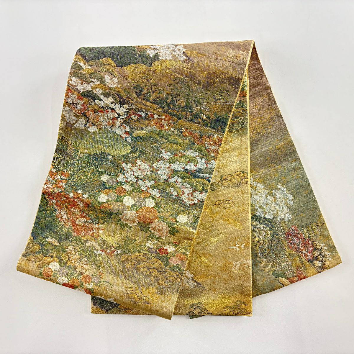 【美品】 袋帶 秀品級 草花紋紋 家屋 金金箔 金色 大鼓圖案 純蠶絲