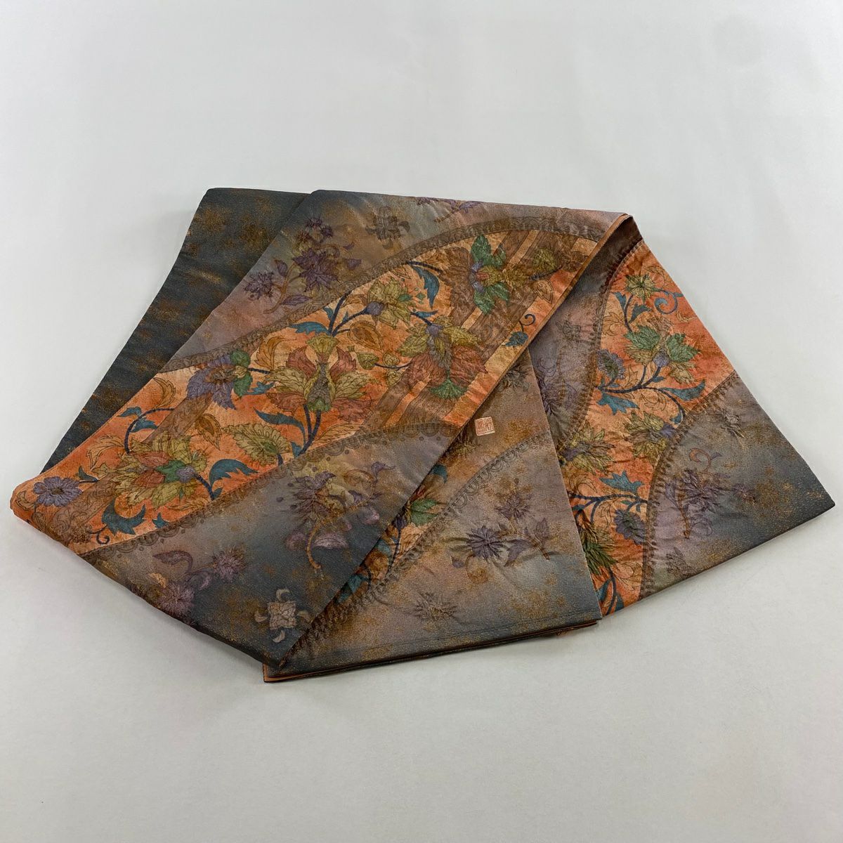 袋帶 名品級 落款 花唐草紋 金金箔 銀線 橙色 大鼓圖案 純蠶絲
