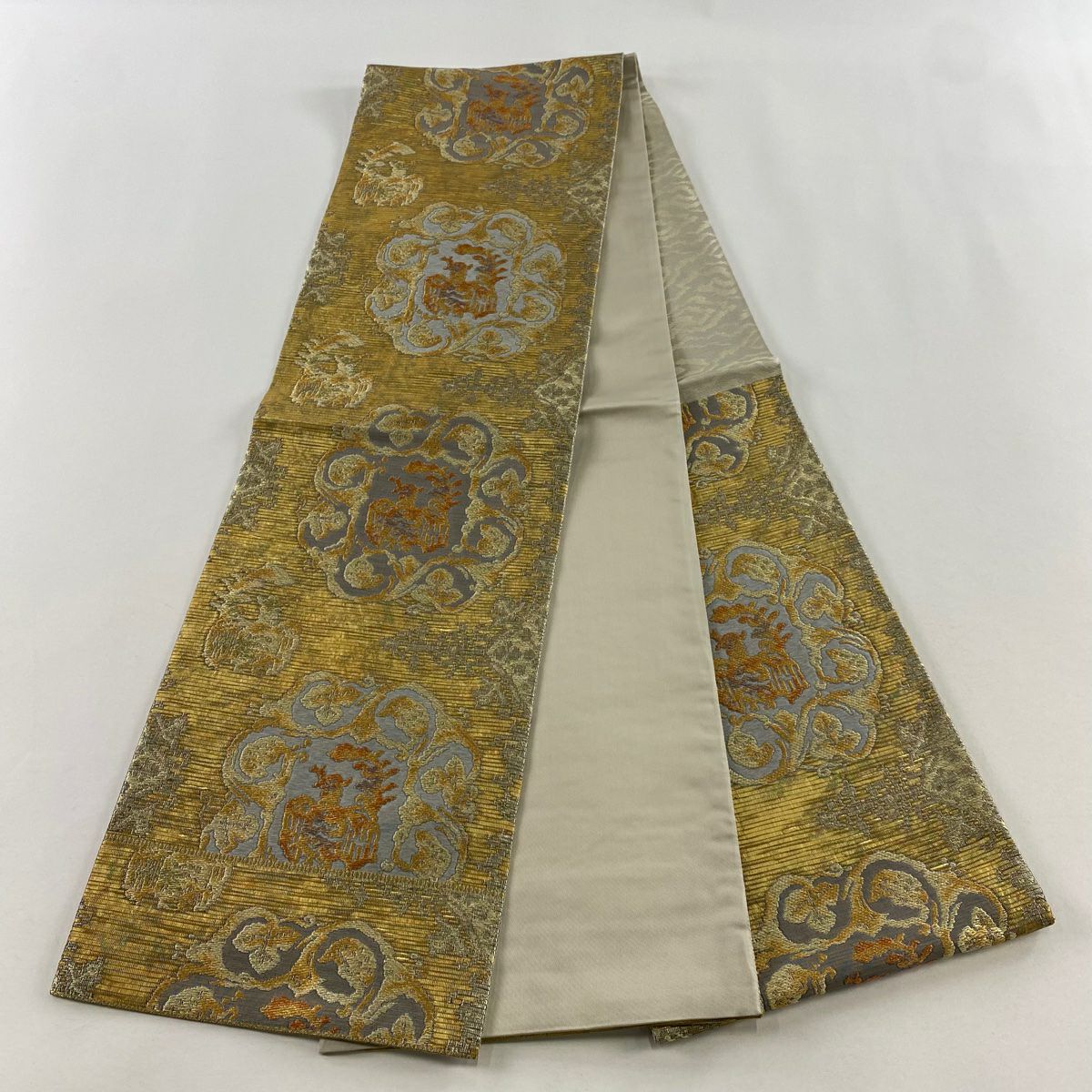 【美品】 袋帶 名品級 本泥染 金唐金箔 鳳凰 草花紋 金絲 金 六通 純蠶絲