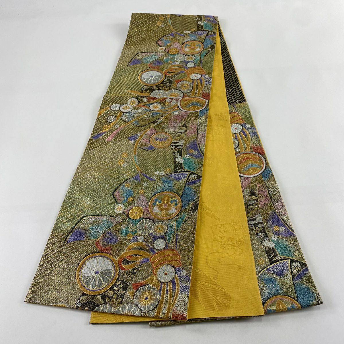 【美品】 袋帶 秀品級 大和 束捆熨斗紋 草花紋 金銀線 金金箔 金色 六通 純蠶絲
