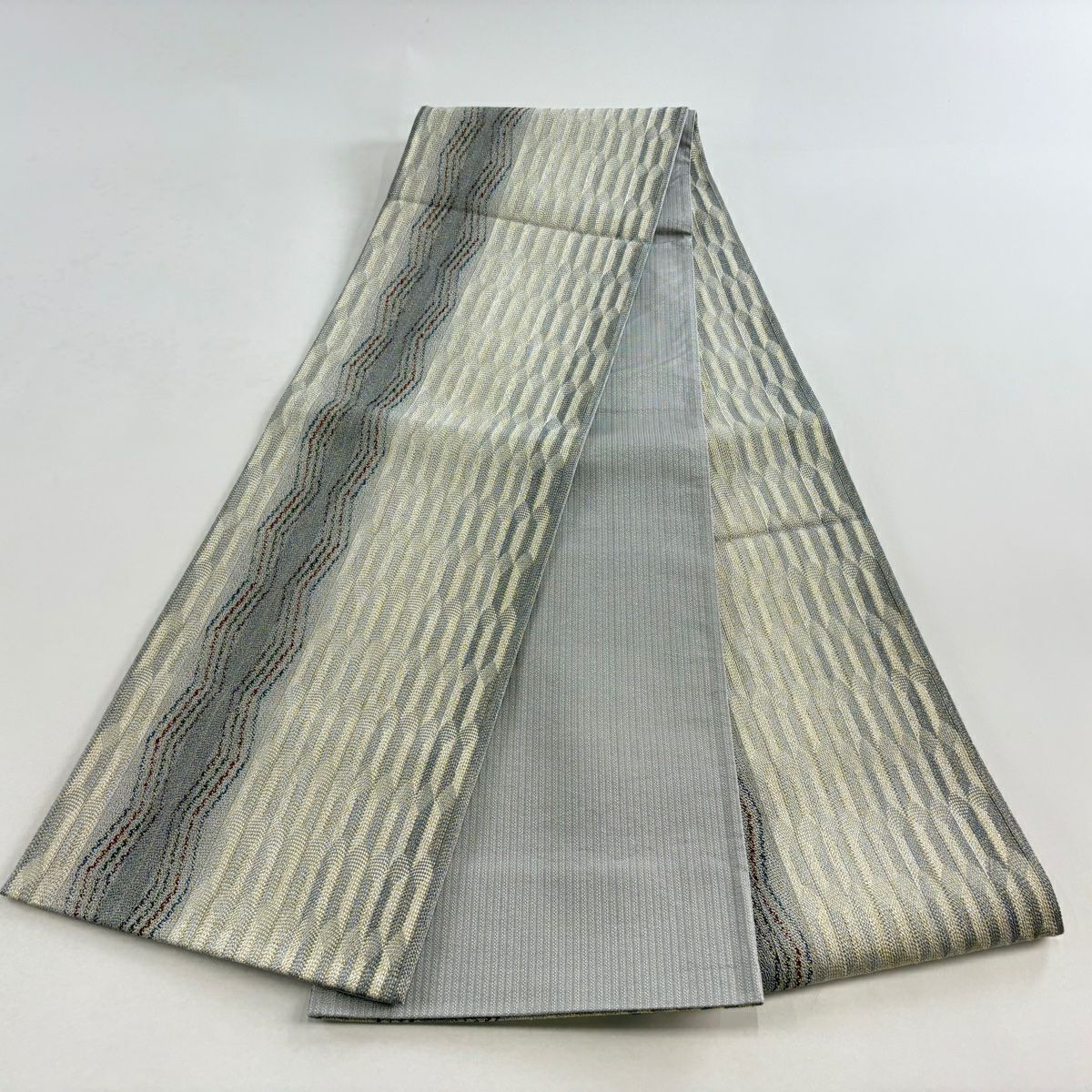 【美品】 袋帶 秀品級 幾何學 金絲 青灰 全通 純蠶絲
