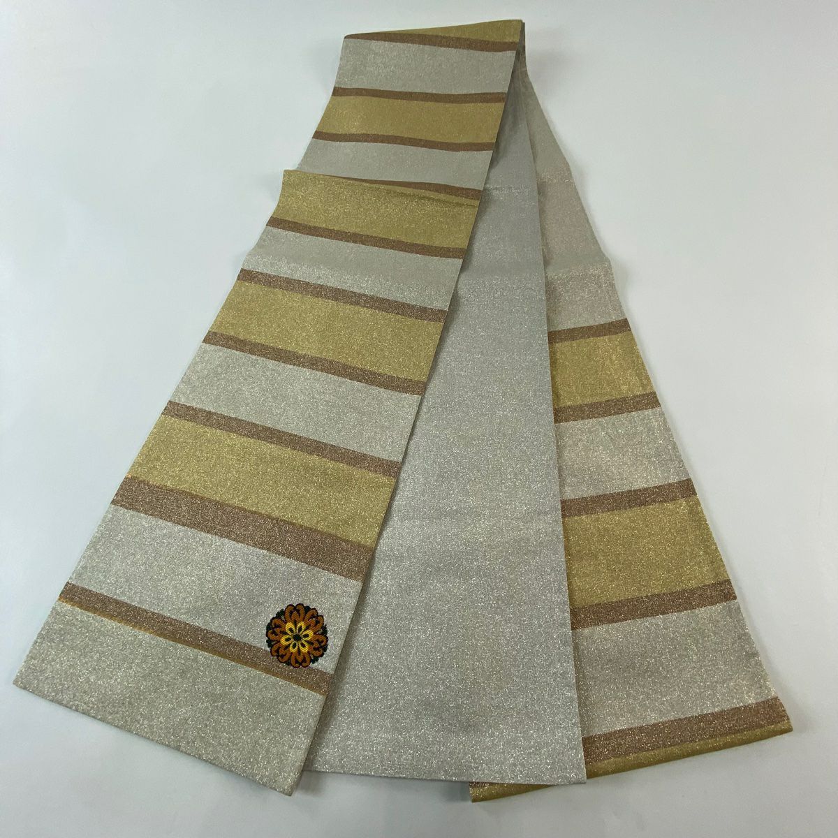 【美品】 袋帶 秀品級 段紋 金金箔 灰茶 六通 純蠶絲