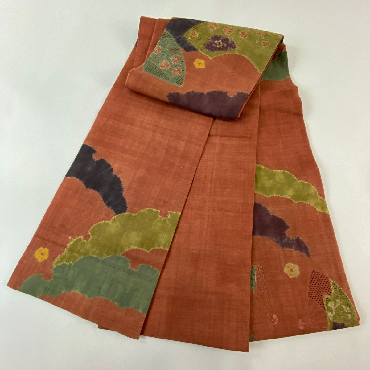 【美品】 袋帶 秀品級 紬織織 扇子 草花紋刺繡 紅茶 お太鼓圖案 純蠶絲