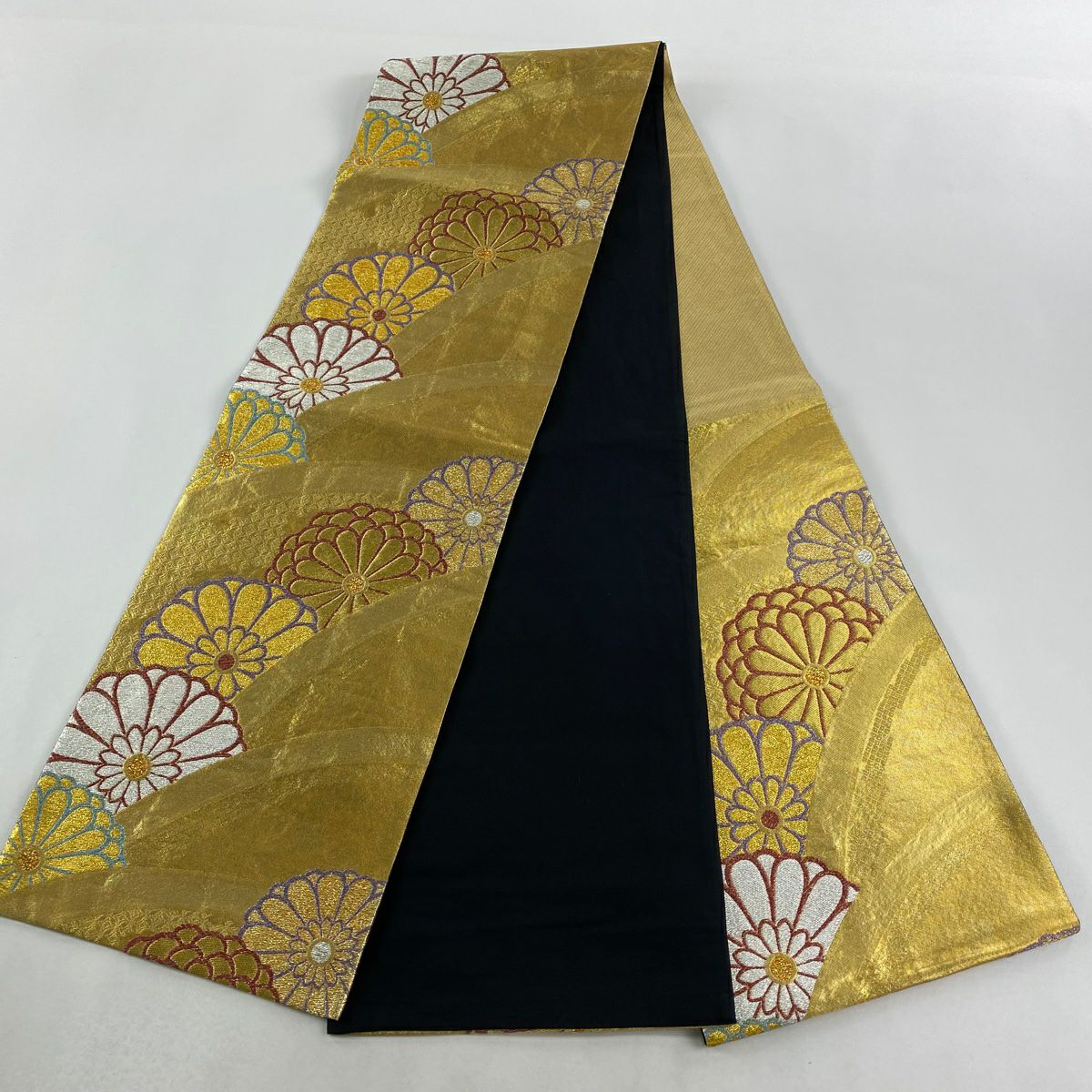 袋帶 秀品級 振袖禮服禮服用 菊花 金金箔 金絲 金 六通 純蠶絲