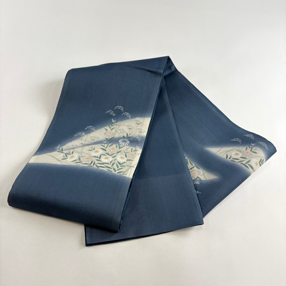 【美品】 袋帶 名品級 夏帶 草花紋 金彩裝飾 青灰 純蠶絲