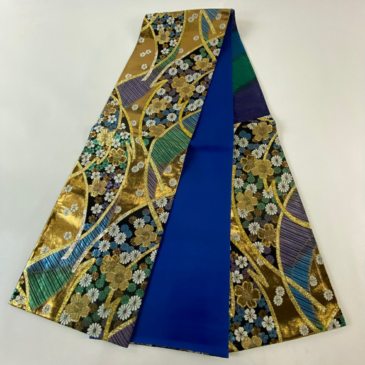 【美品】 袋帶 秀品級櫻花 菊花花 金絲 金金箔 黑色 六通 純蠶絲