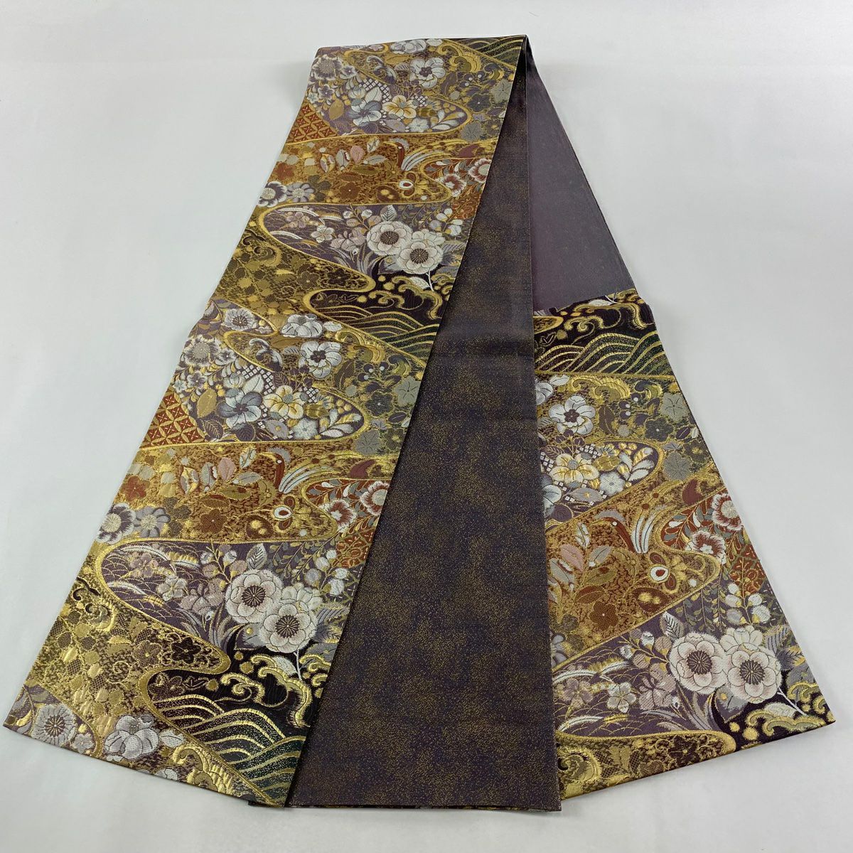 【美品】 袋帶 優品級 辻花染圖案 流水 金金箔 淺紫 六通 純蠶絲