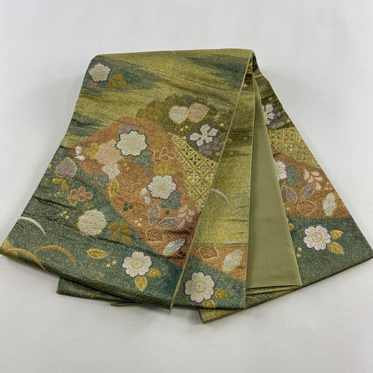 袋帶 優品級 草花紋紋 芝 金金箔 金絲 綠色 大鼓圖案 純蠶絲