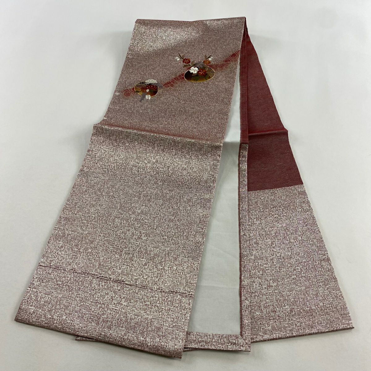 【美品】 開口名古屋帶 優品級 櫻花 笠松樹 刺繡 金金箔 銀 純蠶絲