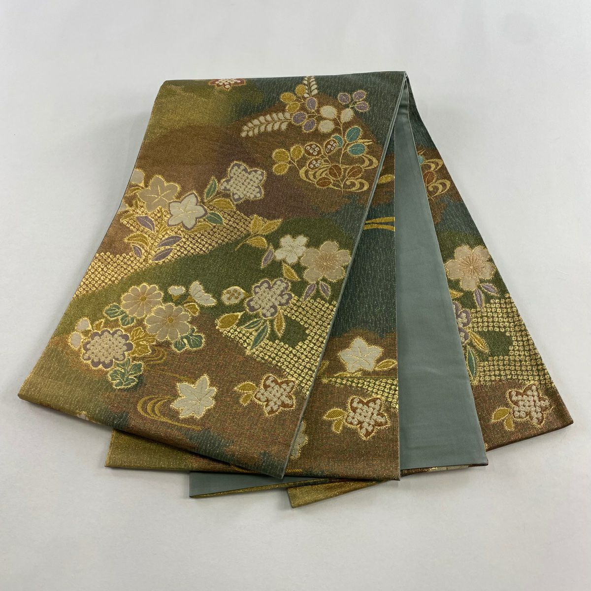 【美品】 袋帶 秀品級 大和 秋草 櫻花 金絲 金金箔 灰綠 お太鼓圖案 純蠶絲