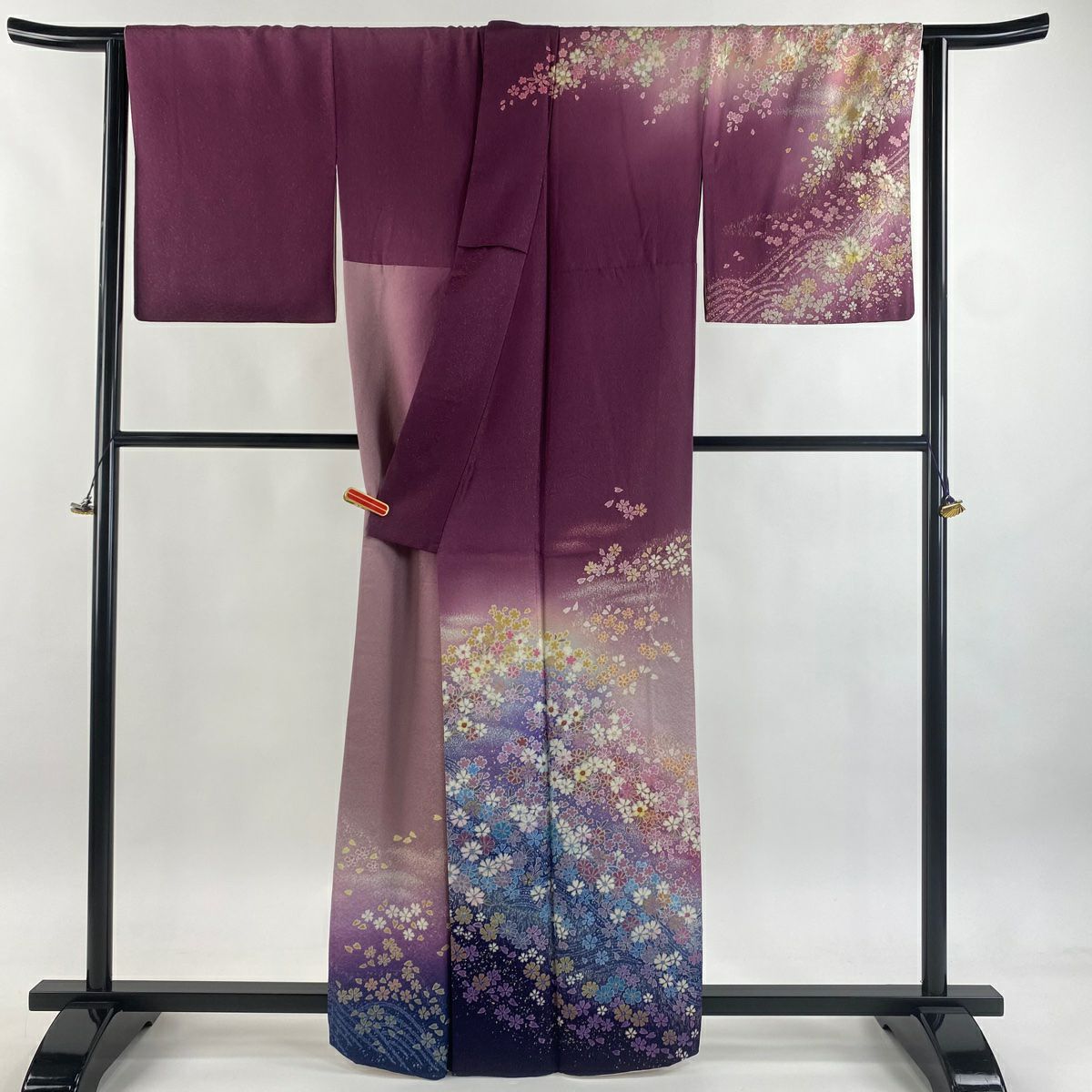 訪問服 身長162cm 袖長65.5cm M 雙層 吉乃一廉 ほていや 有落款 櫻花 霞 銀通 金銀彩 紫 純蠶絲 逸品級