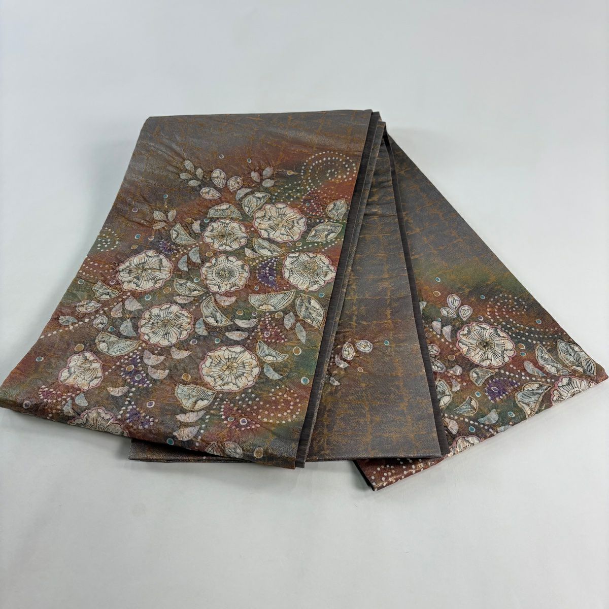 【美品】 袋帶 名品級 辻花染 幾何學 銀線 金金箔 茶紫 お太鼓圖案 純蠶絲