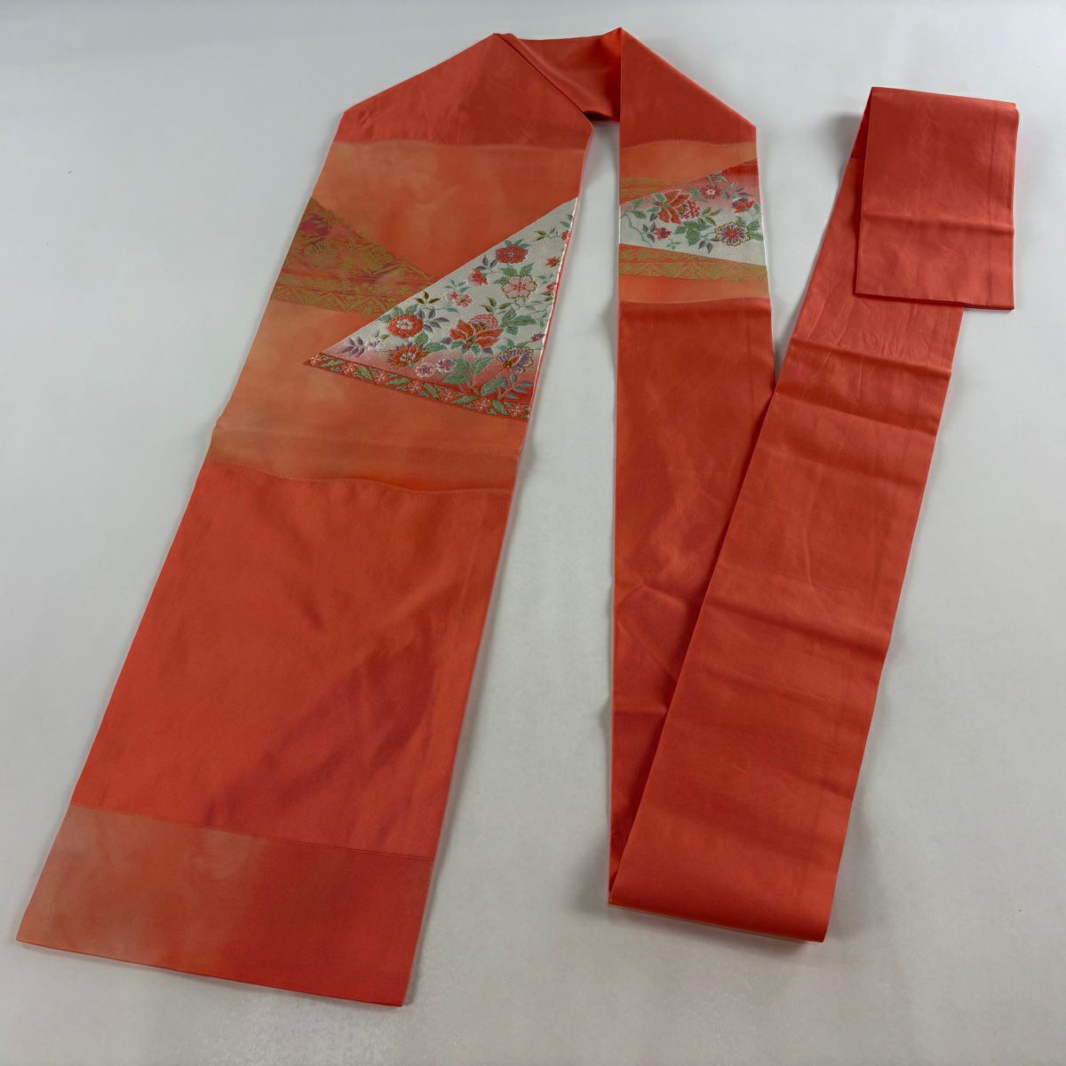 名古屋帶 優品級 草花紋 金糸 金金箔 鮭粉色 純蠶絲